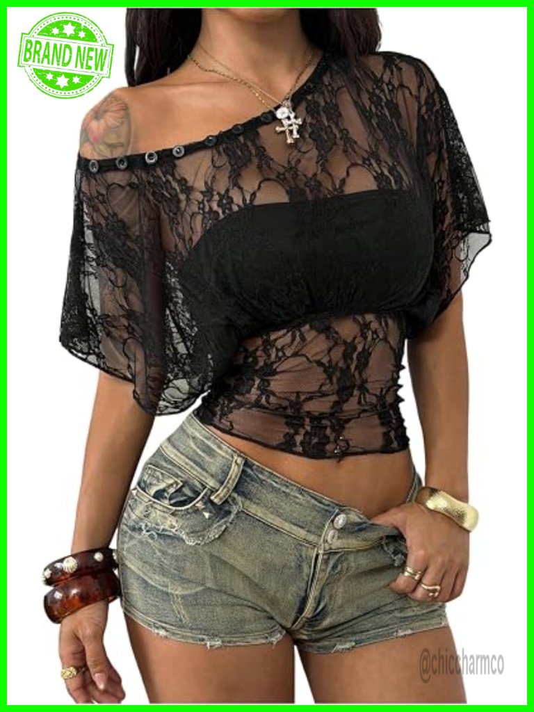 Y2k Off Shoulder Lace Crop Top Sheer Ruched Dolman Sleeve Summer Concert Top